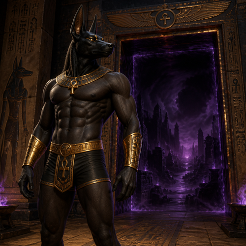 Anubis wearing tight Egyptian style shorts, no shirt and golden bracers on both arms. Standing in front of a portal leading to the underworld.