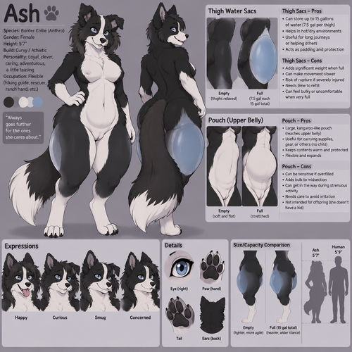 A curvy female anthropomorphic border collie named Ash that has a pouch like a kangaroo that goes to her upper belly and water sacs in her thighs, her thigh sacs can hold up to 15 gallons of water( 7.5 in each sac ), doesn’t have a kid, animated version, reference sheet shows difference between empty and full sacs, shows pros and cons of pouch and thighs 