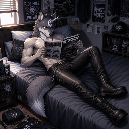 A high school aged male wolf with a white star on his forehead with a horn coming out the middle of the star. He is wearing leather pants, shirtless showing off a 16 pack of abs, and black combat boots. He is looking through a motorcycle catalogue as he is laying on his bed. Anime art style, solo, full body.