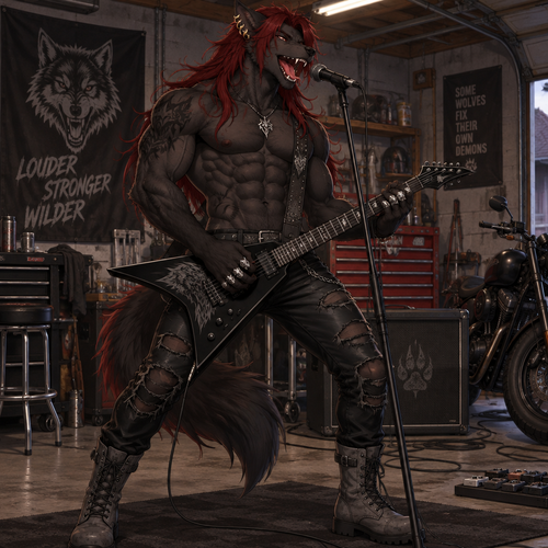 A male anthropomorphic black wolf wearing torn leather pants, shirtless showing off a 16 pack of abs, long red hair, 4 silver wolf skull rings, gold earrings located at the curve of his right ear, and grey leather combat boots. He is in his garage shredding on a guitar and singing into a microphone. Anime art style, full body.