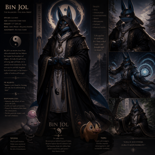 A well-made Pokemon male character, Lucario. A priest knows the balances both yin and yang not just religion. In anthro verse. Big and tall also very old but still tough. Wears a robe and a hoodie. So serious and mature. So brave and caring. In a name of aura. Name Bin Jol. Old but still powerful and has responsibility. Takes time. Has a two companions as friends, Spoink and Tepig.