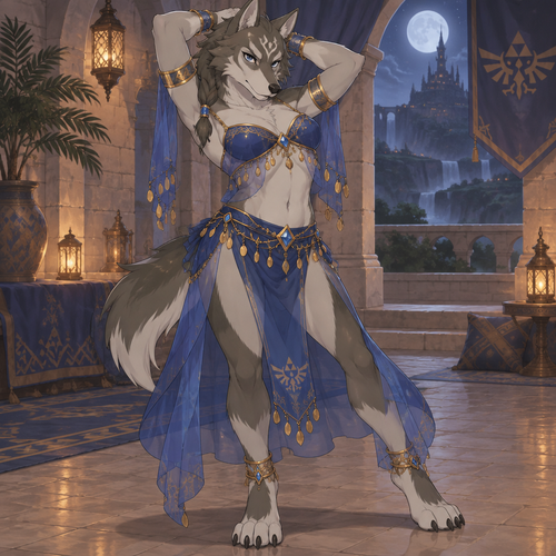 Anthropomorphic Wolf Link wearing a blue belly dancer outfit. Anime art style, full body.