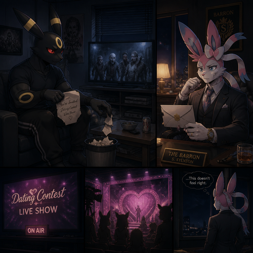In a anthro Pokemon universe. A grown non-rich Umbreon male who lives in a apartment alone who’s ripped the envelope that says; your invited to dating contest live show; from the grown wealthy Sylveon male (the Barron) and then put it on a trash while continues to watch a zombie horror movie on television, while the Barron feels something is not right and didn’t shown while the live show starts (sadly or is). A well-made animated modern life version.