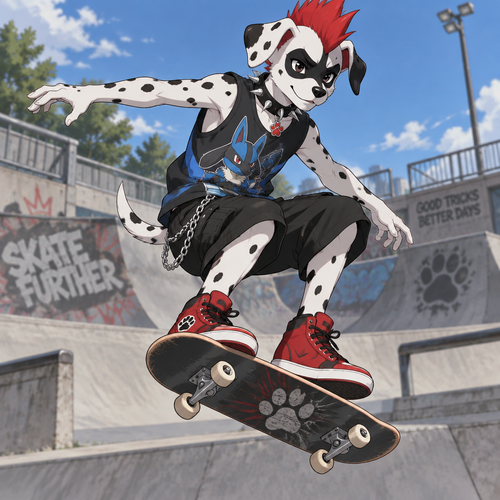 A middle school aged male Dalmatian with a black spot over his eyes that looks like a mask, wearing loose black khaki shorts with a chain hanging onto the right side, a lucario themed sleeveless shirts, red high top shoes, a spiked black leather collar with a ruby paw pendant, and a red mohawk. He is skateboarding in a skate park. Anime art style, solo, full body.