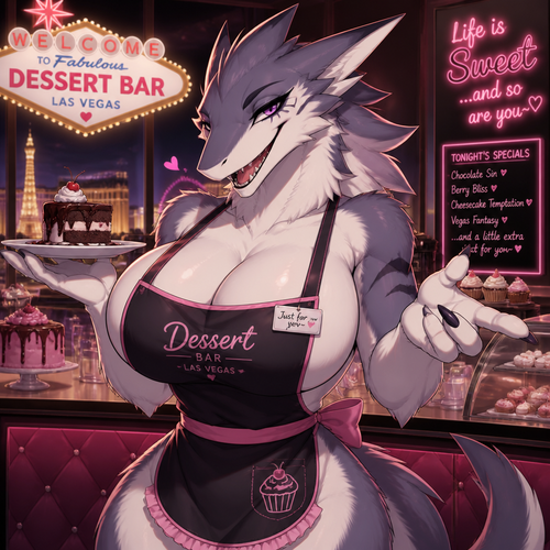 A busty female grownup Sergal that wears an apron and works at the dessert bar themed restaurant in Las Vegas. Flirty and tease. Front view. Animated version.