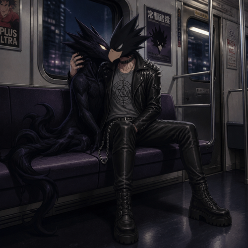 Tokoyami Fumikage wearing leather pants with a chain hanging off the right hip, a grey shirt with arcane symbols, and a leather jacket with shirt spikes on the shoulders of the jacket. He is sitting on a train kissing his quirk Dark Shadow who is male. Anime art style, full body.