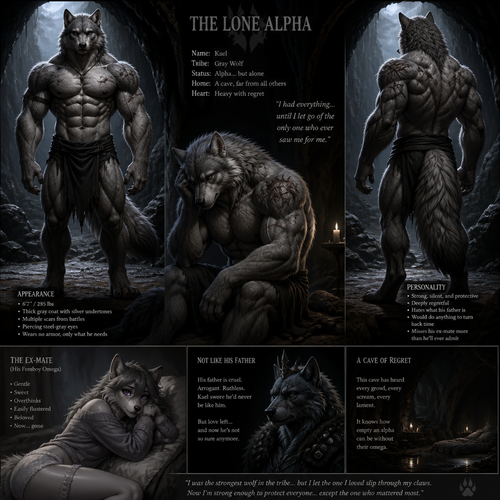The well-made big and buff alpha male grey wolf tribe at front/rear view who lives in a cave all alone with no pack and misses his ex-mate (a grown male femboy fuzzy omega grey wolf tribe) sadly depressed and have regrets also is nothing like his arrogant father the alpha.