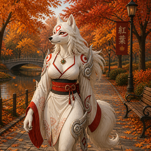 Amaterasu (a well-made anthro female character) was taking a walk on an autumn park.