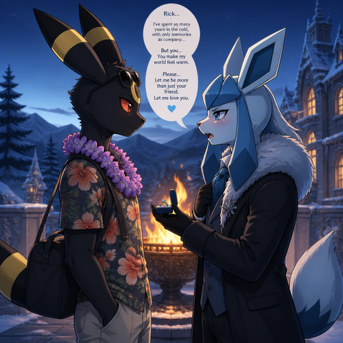 In this anthro Pokemon universe, Rick the grown Umbreon (non-rich) just came from Hawaii where he lives, the Barron Glaceon (who lives in a mansion all cold and alone) is happily got a chance to see and tells Rick about his feelings, and wanted to be more than just friends at the brazier where the snow is gone. Well-made version and characters. Side view. The Glaceon Barron’s gay feelings. Modern life. The Barron Glaceon truly in love with Rick. Anime version.