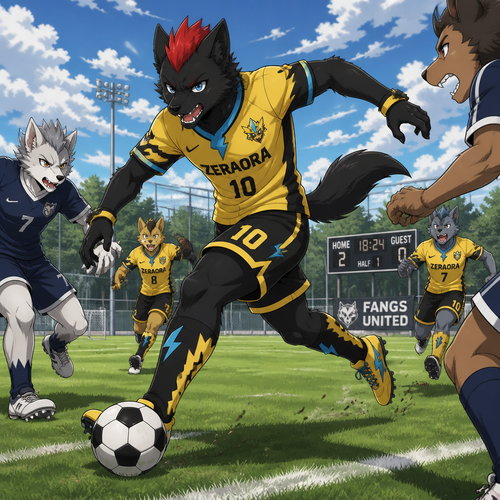 A high school aged male black dire wolf wearing Zeraora themed soccer uniform, short red mohawk hairstyle. He is out on a soccer field during a partly cloudy day, playing aggressively in a game of soccer with his friends. Anime art style, full body.