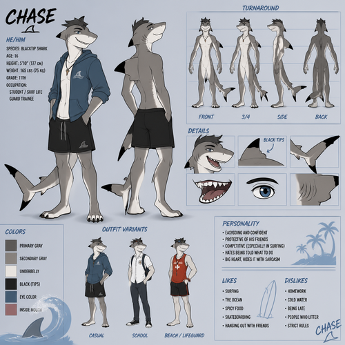 A teenage male anthropomorphic black tip shark, reference sheet, animated version 