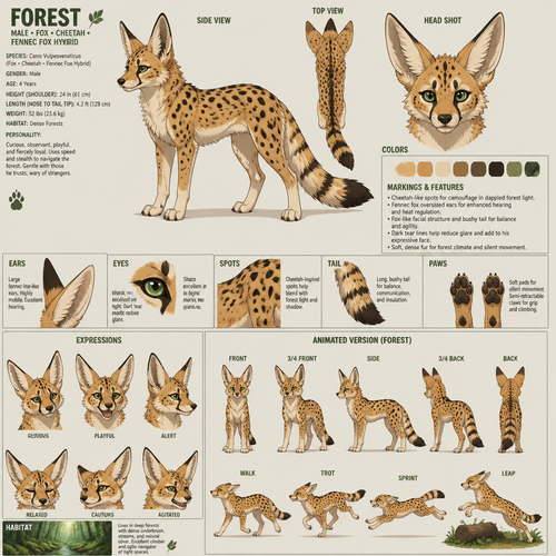 A male quadruped fox cheetah and fennec fox hybrid that lives in the forest, reference sheet, animated version 