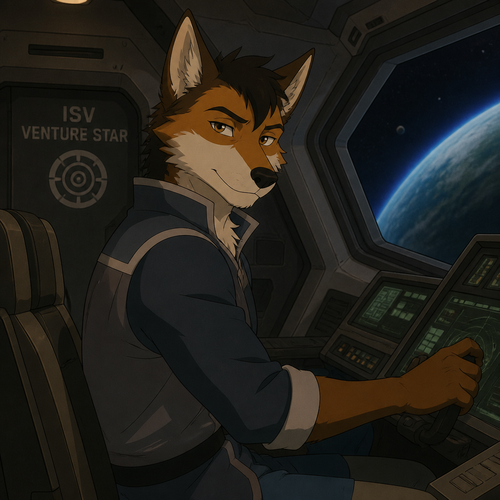 A male anthropomorphic fox wolf hybrid inside the ISV Venture Star from the Avatar franchise, animated version 