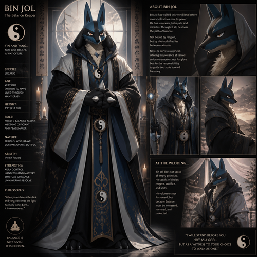 A well-made Pokemon male character, Lucario. A priest knows the balances both yin and yang not just religion. In anthro verse. Big and tall also very old but still tough. Wears a robe and a hoodie. So serious and mature. So brave and caring. In a name of aura. Name Bin Jol. Old but still powerful and has responsibility. Volunteer to be a priest at the wedding.