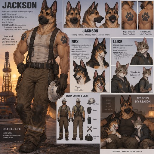 A muscular male anthropomorphic German named Jackson that has a son named Rex and a adopted son named Luke, is a oilfield worker, Rex is a German shepherd and border collie hybrid, Luke is a tabby cat, Jackson is single, has a tattoo of Rex’s paw print on his right shoulder and a tattoo of Luke’s paw print on his left shoulder, reference sheet, one big picture