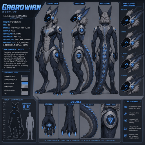 A young male reptilian protogen. Reference sheet, height of 8 foot 6 inches. Anime art style, the name is Gabrowian.