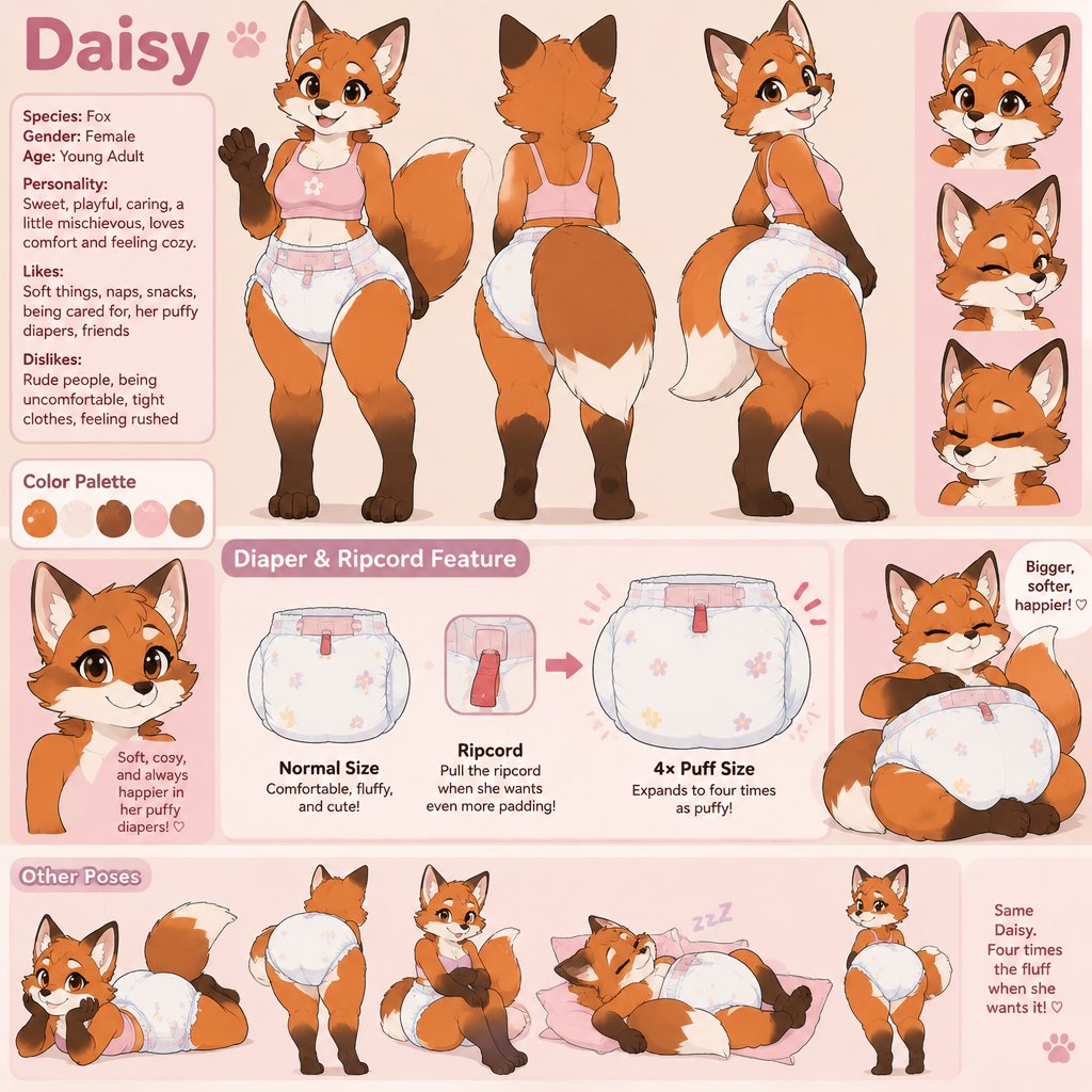 A female anthropomorphic fox named Daisy, wears a big puffy diaper, has a ripcord on her diapers that make them four times as puffy when she wants to, reference sheet