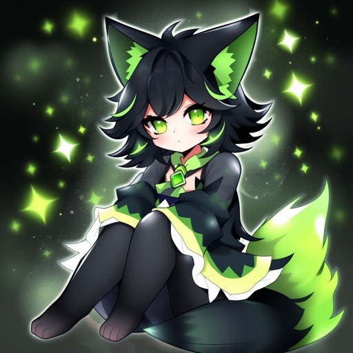 Black and lime green fox cat girl sitting down 