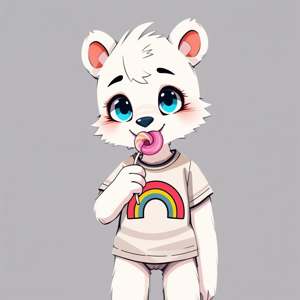 A cute gay and tall white bear soft and skinny has t shirt and as a lollipop in mouth