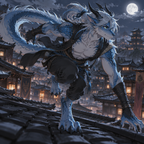 Male, azure dragon with fur and scales, black horns, hair in a messy ponytail, Toned, emerald  eyes, digitigrade foot
paws,, anime style, running across rooftops
