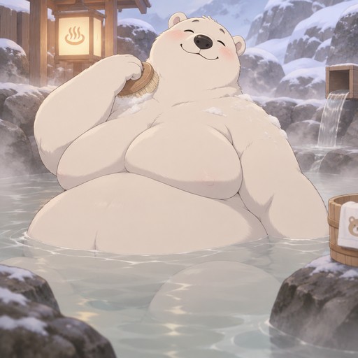 A extremely plump polar bear bathing herself in a hot spring, animated style
