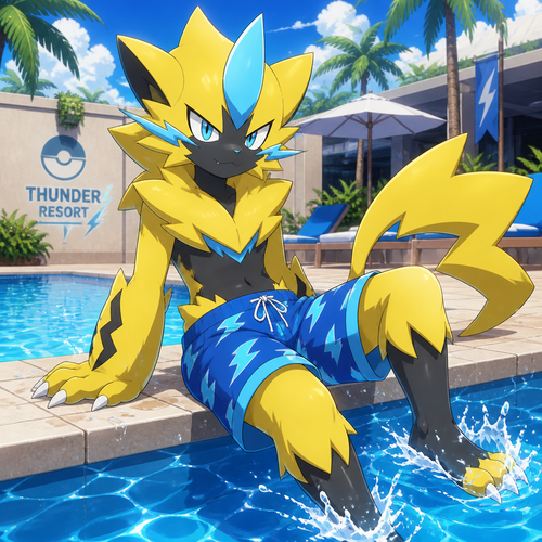 Zeraora wearing blue thunder bolts styled swim trunks. Sitting on the edge of a pool splashing his feet in the water. Anime style