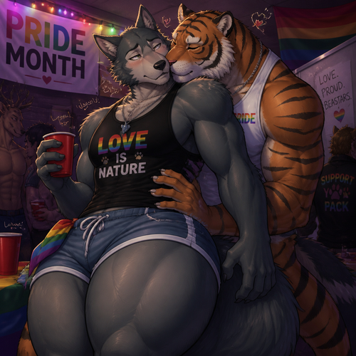 Legoshi the grown Wolf is celebrating at today’s pride month at the college party. Has thick thighs and big butt. Wears shorts and a necklace. Being cuddled by Bill the tiger. Getting some kisses in a cheek. Yaoi.