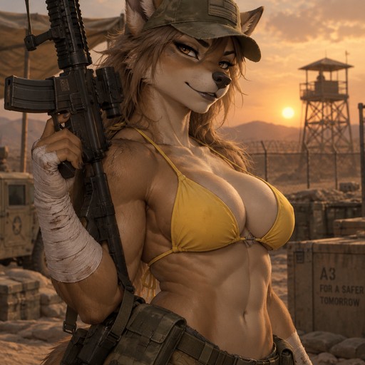A digital illustration of an anthropomorphic character with an attractive, muscular physique—featuring powerful biceps, a full bust, and defined abs. She wears a worn-looking olive-green military cap and a bright yellow bikini top, maintaining a confident expression. Her right arm is heavily wrapped in white bandages extending from the wrist to the mid-forearm, and she holds a black tactical rifle. She strikes a confident, slightly provocative pose against a desert military base backdrop; the silhouette of a distant watchtower and a wire fence stands out against a hazy, orange-hued sky. The composition is a half-body shot focusing on the character's torso and face, captured from a dramatic angle. Directional lighting creates soft shadows that accentuate the contours of her silhouette. The color palette is dominated by muted earth tones that contrast sharply with her fur and the vibrant yellow of her swimwear. The atmosphere is rugged yet serene.