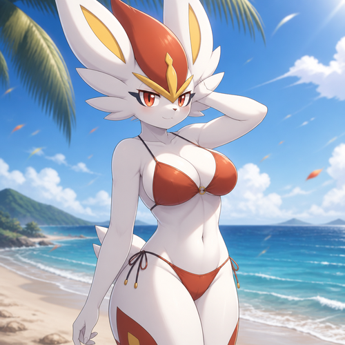A well-made female Pokemon character, Cinderace. wears bikini and having a nice warm breeze at the beach.