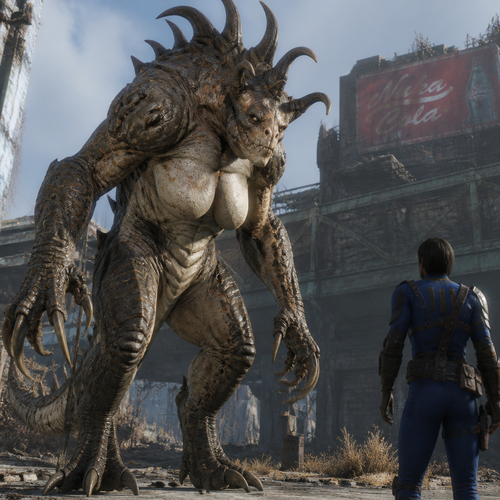 A well-made large female character from fallout 4, a Deathclaw who sees a human.