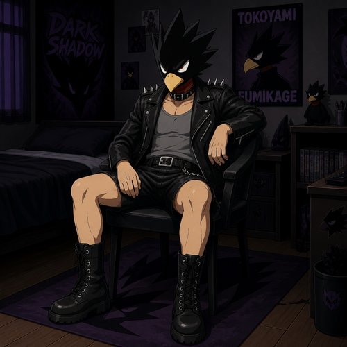 Tokoyami Fumikage  wearing leather shorts, grey tank top, leather jacket with short spikes and combat boots. Sitting on a chair in his bed room with a glare on his face. Anime style, solo, full body.