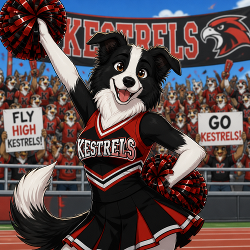Anthropomorphic border collie cheerleader in a red and black uniform cheering for a team named “Kestrels” , animated style 