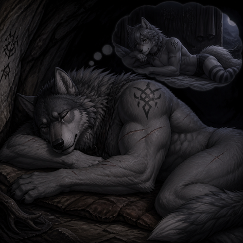 A well-made big and strong alpha male grey wolf tribal adult who is very sad and alone in a cave, sleeping yet sob a little, and dreaming in thoughts of how much he misses his ex-mate the grown femboy grey wolf omega tribe in his sleep.