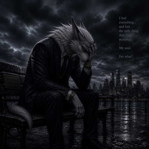A shameful billionaire male Sergal just lost his soul male and remembers how he regretted mindlessly while sitting on a bench alone outside of a dark clouds in a city.