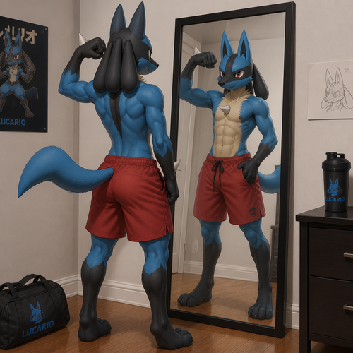 A male twink Lucario wearing loose red shorts and shirtless. He is in front of a mirror flexing. Solo Full Body