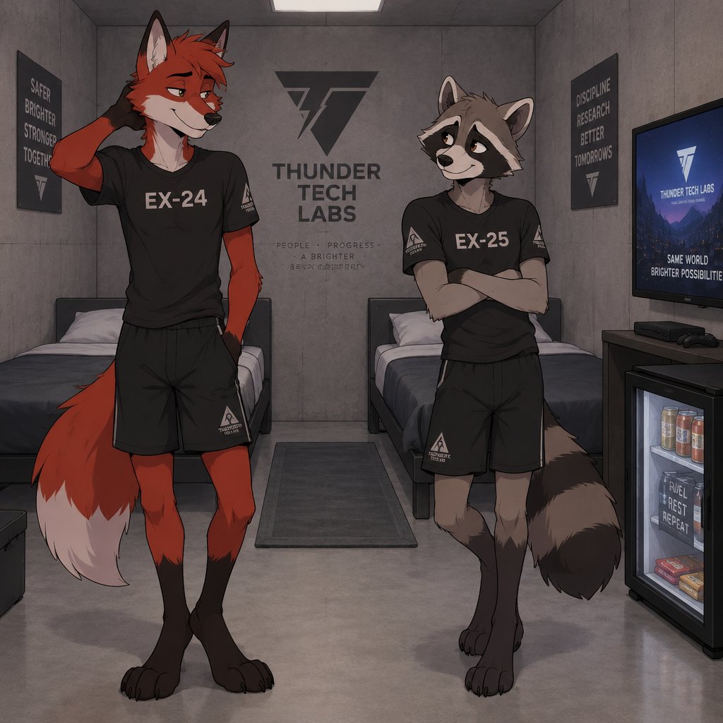 A lanky male anthropomorphic fox with red fur named Sprinter wearing a black T shirt with EX-24 on it and black shorts and a lanky male anthropomorphic raccoon named Oliver wearing a black T shirt with EX-25 on it and black shorts in a room in a lab together, the lap is “Thunder Tech Labs” and has the logo on the sleeves of their shirts and their pants legs, the room is a basic concrete room with two beds and a tv so that they are not bored and a mini fridge so they don’t go hungry, animated style