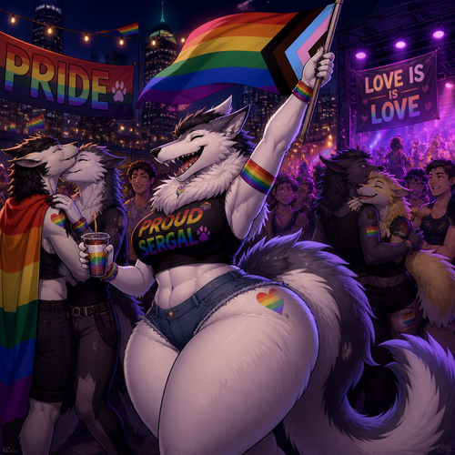 In animated universe, a well-made Sergal character with thick thighs and big buttocks also fluffy who’s happily celebrating on pride month at the party at night. Other Sergals, other anthros, and good humans too. Some kisses and some hugs.