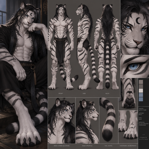 Male, anthro, white tiger, blue eyes, long black hair with black tips, digitigrade footpaws, black sideways crescent on forehead, 
