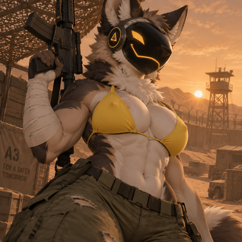 A digital illustration of an anthropomorphic Protogen character with an attractive, muscular physique—displaying powerful biceps, a full bust, and defined abs. She wears worn-looking olive-green military pants and a bright yellow bikini top, maintaining a confident expression. Her right arm is heavily wrapped in white bandages extending from the wrist to the mid-forearm, and she holds a black tactical rifle. She poses confidently and with a hint of excitement in front of a desert military base; the silhouette of a distant watchtower and a wire fence stand out against a hazy, orange-hued sky. The composition is a half-body shot focusing on the character's torso and face, utilizing a dramatic, extreme angle. Directional lighting creates soft shadows that accentuate the contours of her silhouette. The color palette is dominated by subdued earth tones that contrast sharply with her fur and the vibrant yellow of her swimwear. The atmosphere is rugged yet serene.