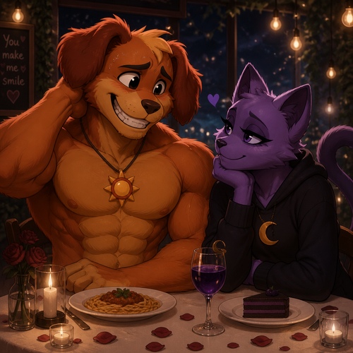 DogDay, a well-made grown anthro smiling critter (a leader of the smiling critters) with buff body and nervous about on a romantic date with his boyfriend, Catnap (the smiling critter and has eyeliner). 