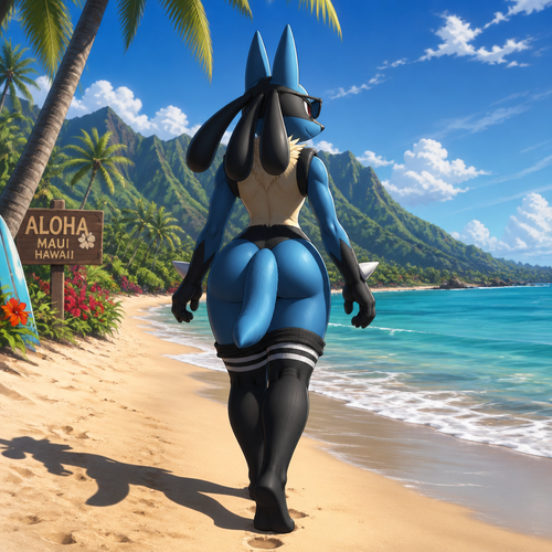 A Lucario with lower thick thigh highs and wears a sunglasses while walking forward at the beach. Well-made animated version. Hawaii island. Well designed male character. Backshot view.