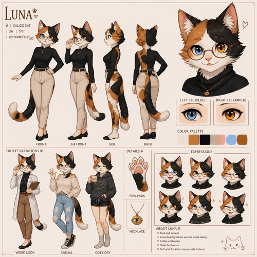 A beautiful female anthropomorphic calico cat with glasses and one blue eye and one orange eye, animated version, reference sheet 