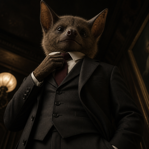 a furry bat wearing a suit, the camera is from frogs perspective looking to the side up and he is looking down, the bat is holding his tie 