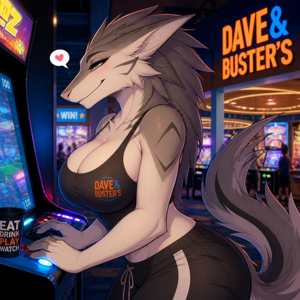 A well-made busty female adult Sergal is inside the Dave’s and Busters arcade in a mall, and having a good time. Animated version. Wears a visible tank-top. Flirty and soft. Side view.