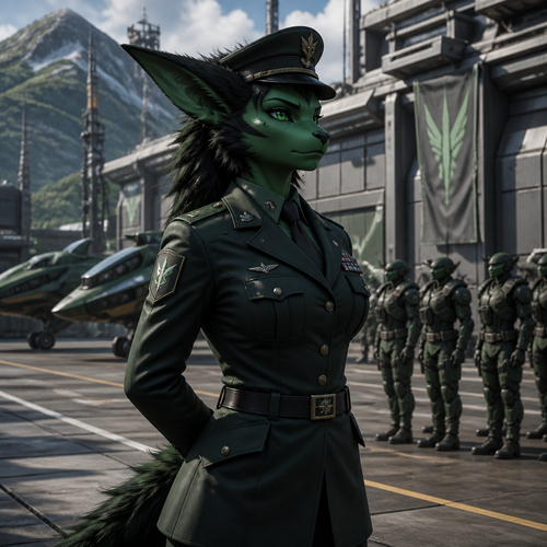 A beautiful female protogene with dark green skin, green eyes, military uniform, military posture, on a military base, well made, perfect shot, pretty good looking
