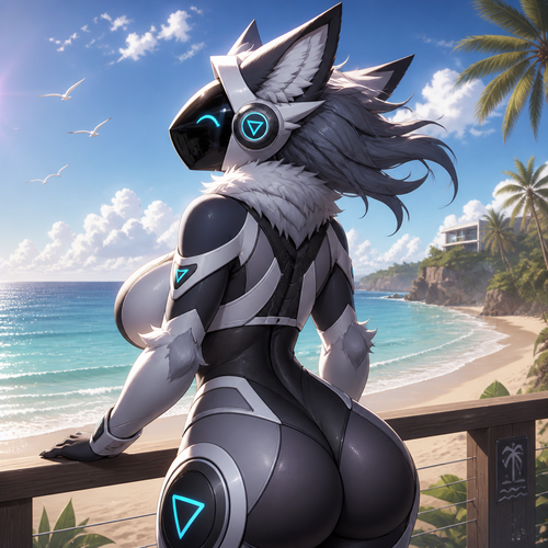 A busty well-made female Protogen site somewhere around the beach and enjoys the weather’s breeze. Back/side view. No tail. Animated version.