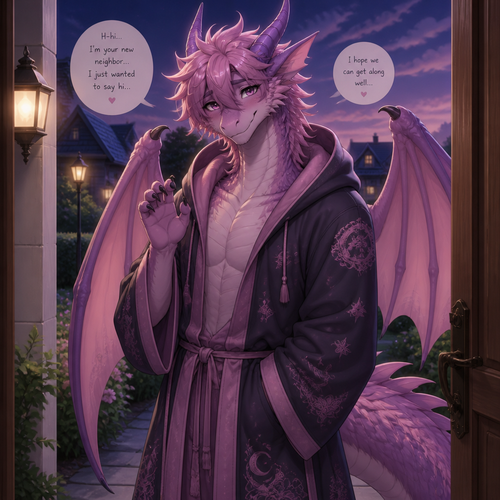 A friendly shy immortal alike femboy grown male character (well-made) anthro lung Dragon with pink & purple fur that wears a robe with a hoodie who came to say hi as a friendly neighbor.
