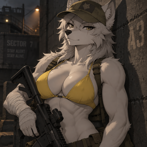 A high-quality 2D anime-style digital illustration of an anthropomorphic female wolf with an attractive, muscular physique—featuring strong biceps, a full bust, and defined abs—wearing a confident expression. She wears a weathered olive-drab military cap and a bright yellow bikini top. Her right arm is heavily wrapped in white bandages extending from the wrist to the mid-forearm, and she holds a black tactical rifle. She is leaning against a dark, textured concrete wall in a dimly lit urban setting. The composition is a half-body shot, focusing on her torso and face. The lighting is dramatic and directional, casting soft shadows and highlighting the contours of her silhouette. The color palette is dominated by muted earth tones, contrasting sharply with her white fur and the vibrant yellow of her swimwear. The atmosphere is rugged yet serene.
