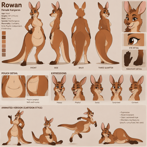 A curvy female anthropomorphic kangaroo, has a pouch, doesn’t have a kid, reference sheet, animated version 