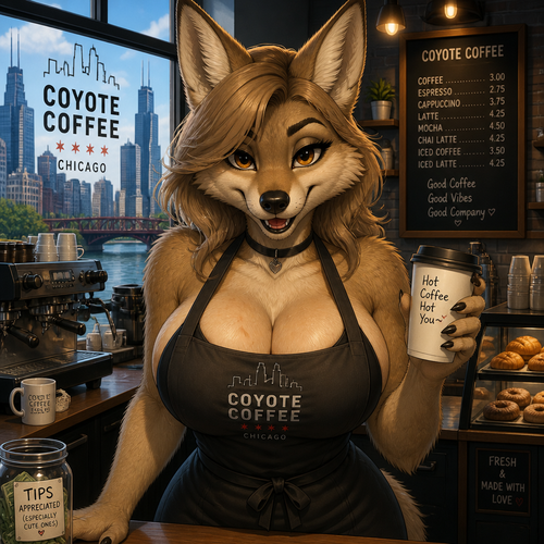 A busty grown female coyote that wears a apron and works at the cafe. Very well-made animated version. In a modern life. Lives in Chicago. Friendly and flirty. Frontshot view. 